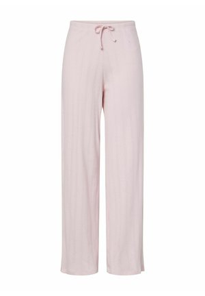 Pantalons larges rose pâle en tissu texturé, dotés d'une taille élastique avec cordon de serrage. Motif à côtes verticales sur l'ensemble.