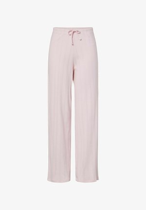 Lys pink brede bukser lavet af tekstureret stof, med en elastisk talje og snørrebånd. Lodret ribbet mønster overalt.