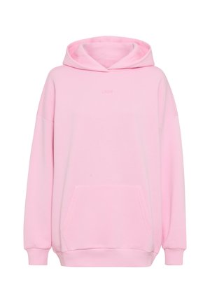 Hellrosa übergroßer Hoodie mit vorderer Kängurutasche, gerippten Bündchen und Saum sowie einem dezenten Textlogo unterhalb des Halsausschnitts.