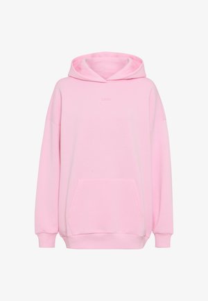 Roza oversize kapucarica z velikim žepom spredaj, rebrastimi manšetami in spodnjim delom ter subtilnim logotipom s tekstom, ki je nameščen pod izrezom na vratu.