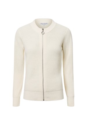 Helle beige Strickjacke aus geripptem Material, mit Rundhalsausschnitt, durchgehendem Reißverschluss und langen Ärmeln mit gerippten Bündchen.