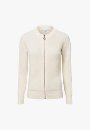 Light beige cardigan made of ribbed knit fabric, featuring a round neckline, full zipper closure, and long sleeves with ribbed cuffs.