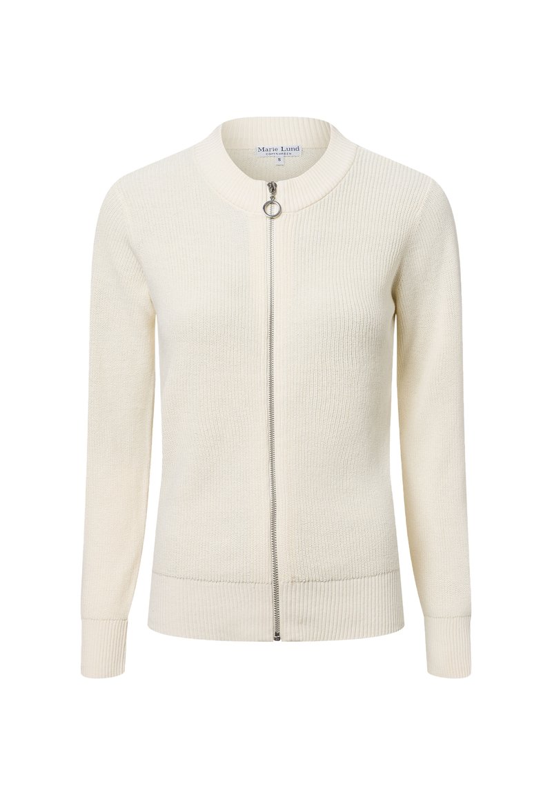 Helle beige Strickjacke aus geripptem Material, mit Rundhalsausschnitt, durchgehendem Reißverschluss und langen Ärmeln mit gerippten Bündchen.