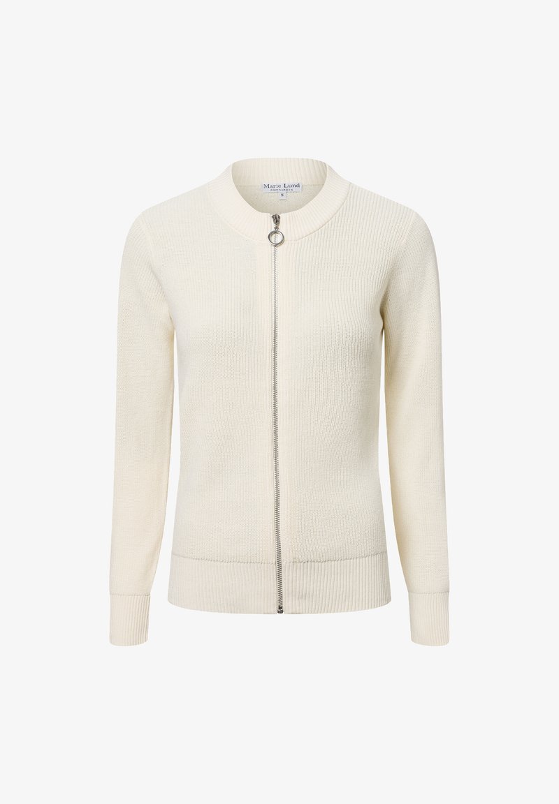 Helle beige Strickjacke aus geripptem Material, mit Rundhalsausschnitt, durchgehendem Reißverschluss und langen Ärmeln mit gerippten Bündchen.