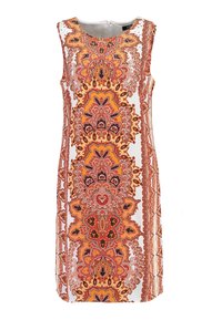 Ärmelloses Kleid mit einem lebhaften orangen und weißen Paisleymuster, rundem Ausschnitt und glatter Stofftextur.