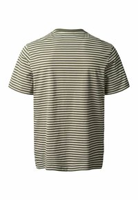 T-shirt à manches courtes avec col rond, rayé horizontalement en vert olive et blanc, montré de dos sur un fond blanc.