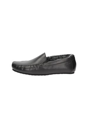 Schwarzer Leder-Slipper mit weichem Fellfutter und genähten Details entlang der Zehen- und Seitenpartie, Seitenansicht auf weißem Hintergrund.