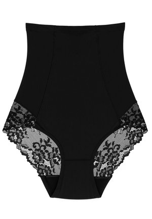 Hoge taille zwarte shapewear met een gladde stof en kanten details aan de zijkanten. Beschikt over een bloemige kanten patroon en een elastische tailleband.