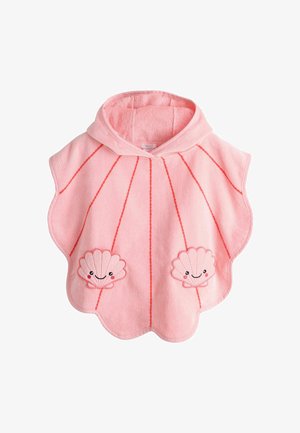 Rosa Poncho-Handtuch mit Kapuze; mit Muscheldesigns und vertikalen Steppnähten für Textur. Weiches, saugfähiges Material.