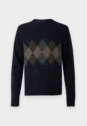 Mørkeblå langærmet sweater med flerfarvet rombemønster over brystet, ribstrikkede manchetter, krave og kant.