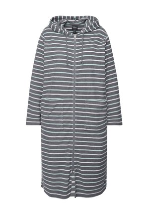 Giacca con cappuccio a righe grigie e blu chiaro, con zip a tutta lunghezza, due tasche frontali e cappuccio con cordino. Tessuto morbido.