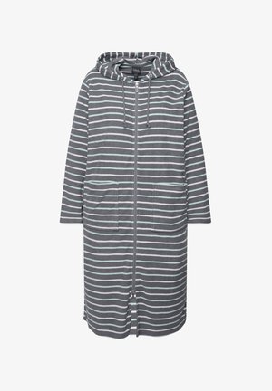 Grau gestreifter Hoodie-Mantel mit hellblauen Streifen, durchgehendem Reißverschluss, zwei Fronttaschen und einer Kordelzugkapuze. Weicher Stoff.