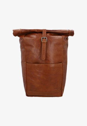 Pruun nahast rull-kotiga seljakott, millel on eesmine tasku, reguleeritav rihm, sile tekstuur ja diskreetne õmblusteenus.