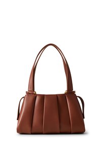 Brown leather handbag with pleated design, dual top handles, and decorative gold hardware accents. Smooth texture, compact shape.