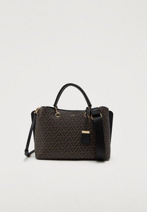 Borsa a tracolla con motivo marrone e nero, design geometrico, accessori in oro, manici doppi e tracolla rimovibile.