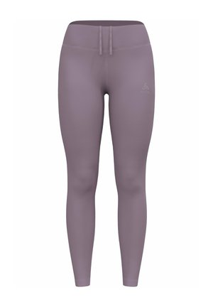 Purple leggings made of smooth, stretchy fabric. Features a high waist, slim fit, and minimal stitching with a small logo on the side.