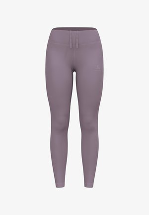 Purple leggings made of smooth, stretchy fabric. Features a high waist, slim fit, and minimal stitching with a small logo on the side.