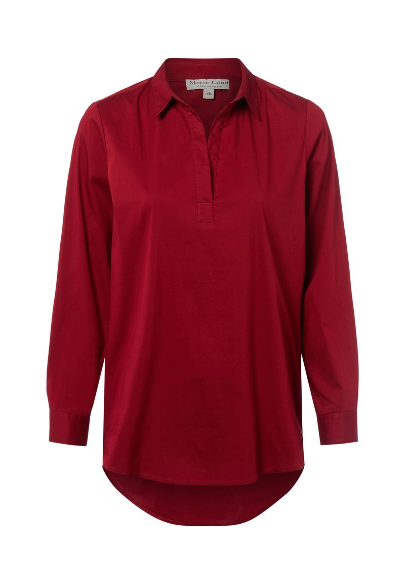 Rotes Langarmshirt aus einem glatten Baumwoll-Mix. Verfügt über eine halbe Knopfleiste und abgerundeten Saum. Lässige Passform mit dezentem Glanz. Größe 36.