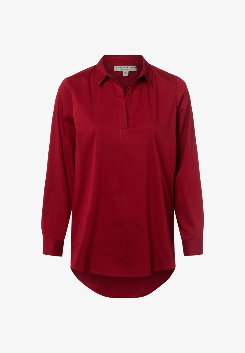 Maglietta rossa a maniche lunghe in un morbido misto cotone. Presenta un mezzo bottone e un orlo arrotondato. Vestibilità casual con una leggera lucentezza. Taglia 36.