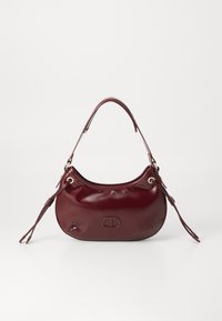 Burgundy leather handbag with a rounded shape, a single top handle, and drawstring accents on the sides. Features a logo detail on the front.