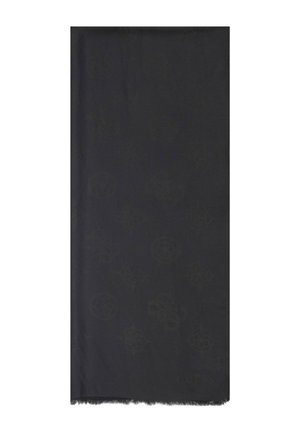 Écharpe en tissu noir avec motifs floraux et géométriques texturés subtils, avec un bord à franges en bas.