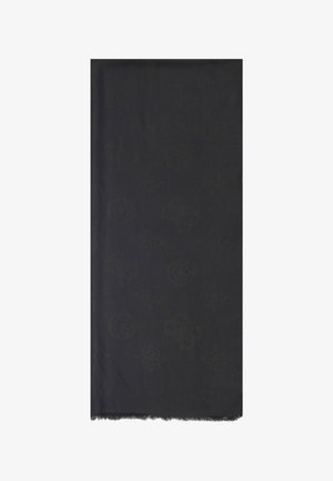 Écharpe en tissu noir avec motifs floraux et géométriques texturés subtils, avec un bord à franges en bas.