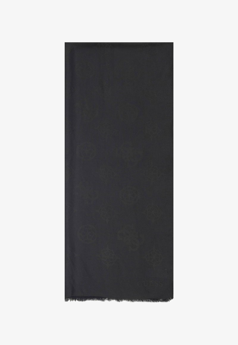 Écharpe en tissu noir avec motifs floraux et géométriques texturés subtils, avec un bord à franges en bas.