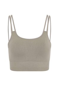 Beige bralette met dunne bandjes, textuurontwerp aan de voorkant en een gebande onderkant. Gemaakt van een zachte, rekbare stof voor comfort.