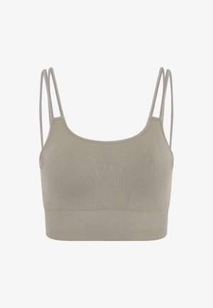 Béžový bralet s tenkými ramínky, strukturovaným předním designem a páskovým lemem. Vyrobeno z měkké, elastické látky pro pohodlí.