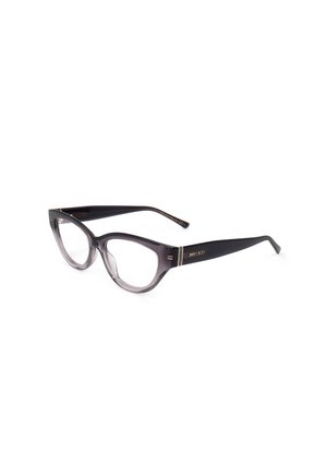 Occhiali da vista cat-eye neri traslucidi con lenti trasparenti e marchio dorato "Jimmy Choo" sulle stanghette su sfondo bianco.