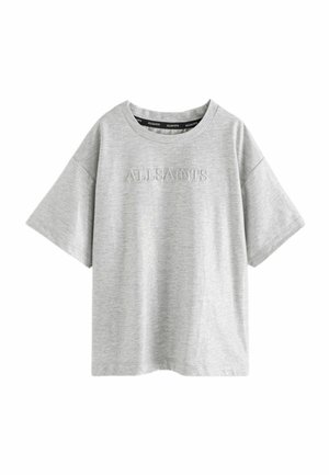 Harmaan lyhythihaisen t-paidan, joka on valmistettu pehmeästä puuvillasta, rento istuvuus ja kohotettu "ALLSAINTS" -teksti edessä, pyöreä pääntie.