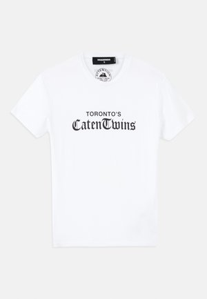 White cotton t-shirt featuring black printed text "TORONTO'S CatenTwins" across the front. Classic crew neck design, short sleeves.