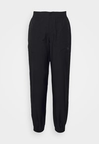 Black jogging pants with elastic waistband and cuffs, featuring two side pockets and a small logo accent on the left leg.