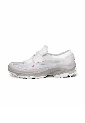 Light gray and white sneaker with a thick sole, Velcro strap closure, and textured details on the upper and outsole for grip and support.