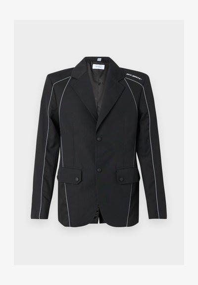 Μαύρο σακάκι με δομημένη γραμμή, με λευκή επένδυση κατά μήκος των ραφών, δύο εμπρόσθιες τσέπες με καπάκι, δύο κουμπιά και το λογότυπο «Off-White» στον δεξιό ώμο.