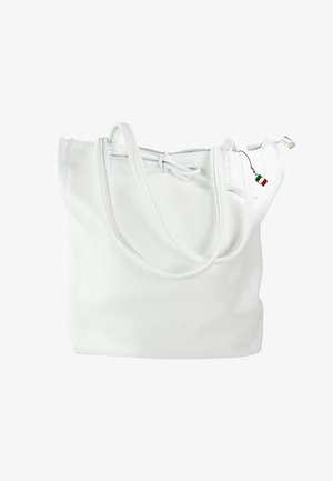 Witte leren draagtasje met een gestructureerd oppervlak, voorzien van twee lange handvatten en een trekkoordsluiting aan de bovenkant. Inclusief een klein detail van de Italiaanse vlag.