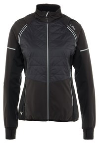 Veste de sport féminine noire et gris foncé avec devant matelassé, fermeture éclair intégrale, col montant et bandes réfléchissantes sur les manches et les épaules.