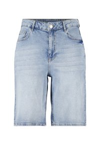 Shorts en denim bleu clair avec une coupe décontractée, dotés de passants de ceinture, de cinq poches, d'une fermeture éclair et d'une fermeture à bouton classique. Texture lisse.