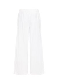 Pantalon blanc à jambes larges avec taille élastique, coupe ample et tissu léger.