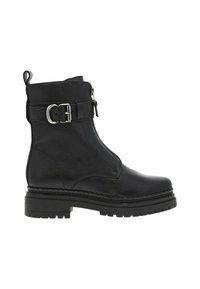 Bottine en cuir noir avec une finition lisse, dotée d'une fermeture éclair sur le côté, de détails de boucle et d'une semelle à crampons épaisse pour une meilleure adhérence.