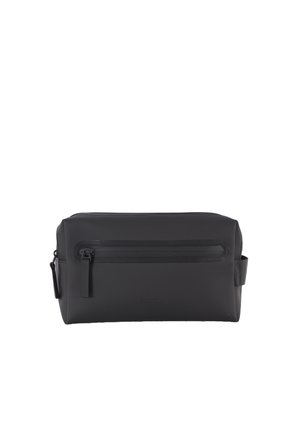 Bolsa de aseo impermeable rectangular negra con bolsillo delantero con cremallera, asa lateral y acabado mate suave.