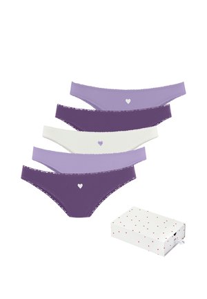 Five women's cotton underwear in shades of purple and white, each with a small heart design, accompanied by a white box with red hearts.