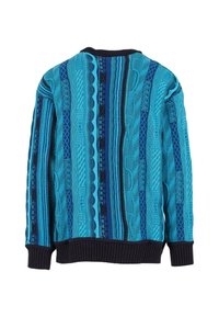 Maglione lavorato a maglia in tonalità di blu con motivi testurizzati, polsini e orlo a coste, e collo rotondo. La vista posteriore mette in mostra un design intricato.