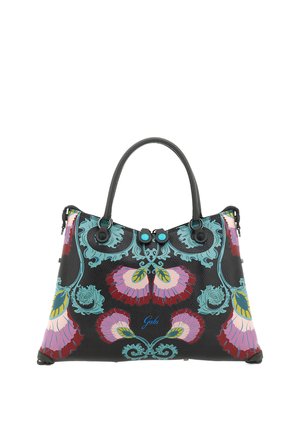 Borsa nera con ricamo floreale in turchese, rosa e rosso, due manici e chiusura superiore con zip, con il marchio "Gabs" in blu.