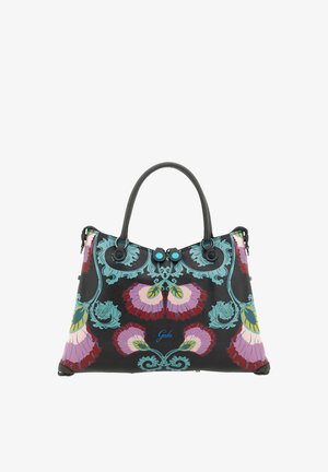 Borsa nera con ricamo floreale in turchese, rosa e rosso, due manici e chiusura superiore con zip, con il marchio "Gabs" in blu.