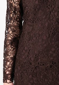 Braunes Spitzenkleid mit kunstvollen Blumenmustern und langen transparenten Ärmeln, kombiniert mit einem festen dunkelbraunen Stoffunterteil.