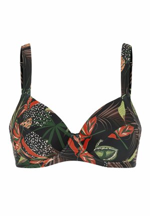 Beha met tropische blad- en bloemenprint in groen, oranje en beige op een zwarte achtergrond, met verstelbare schouderbandjes.