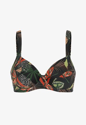 Rintaliivit, joissa on trooppisia lehti- ja kukkakuvioita vihreänä, oranssina ja beigenä mustalla pohjalla, säädettävillä olkaimilla.