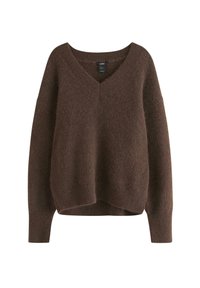 Maglione marrone a maglia con scollo a V, spalle scese e maniche lunghe. Tessuto morbido e vestibilità rilassata con polsini e orlo a coste.