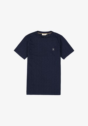 Dunkelblaues T-Shirt mit kurzen Ärmeln aus strukturiertem Stoff mit einem subtilen Wellenmuster und einem kleinen quadratischen Logo auf der Vorderseite.